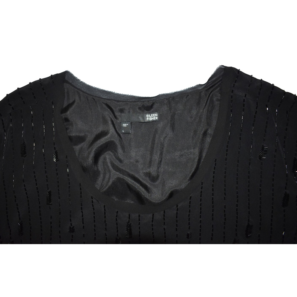 EILEEN FISHER Black Silk Sequin Beaded Short Sleeve Blouse Top Size L - Picture 4 of 5